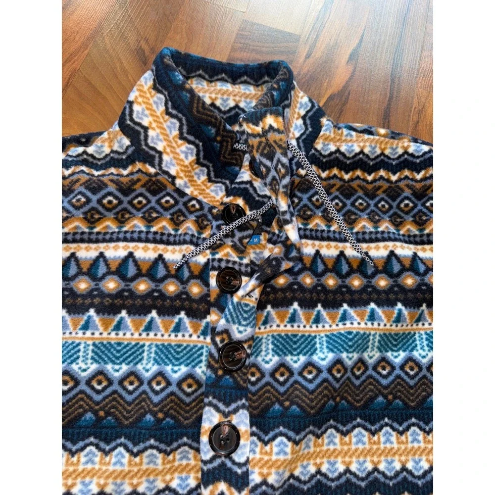 Kavu Fleece Pullover Women Medium Blue Orange‎ Geometric Aztec Button Up